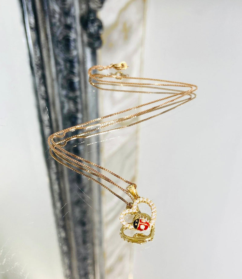 Diamond Heart & Enamel Lady Bug Pendant With Chain