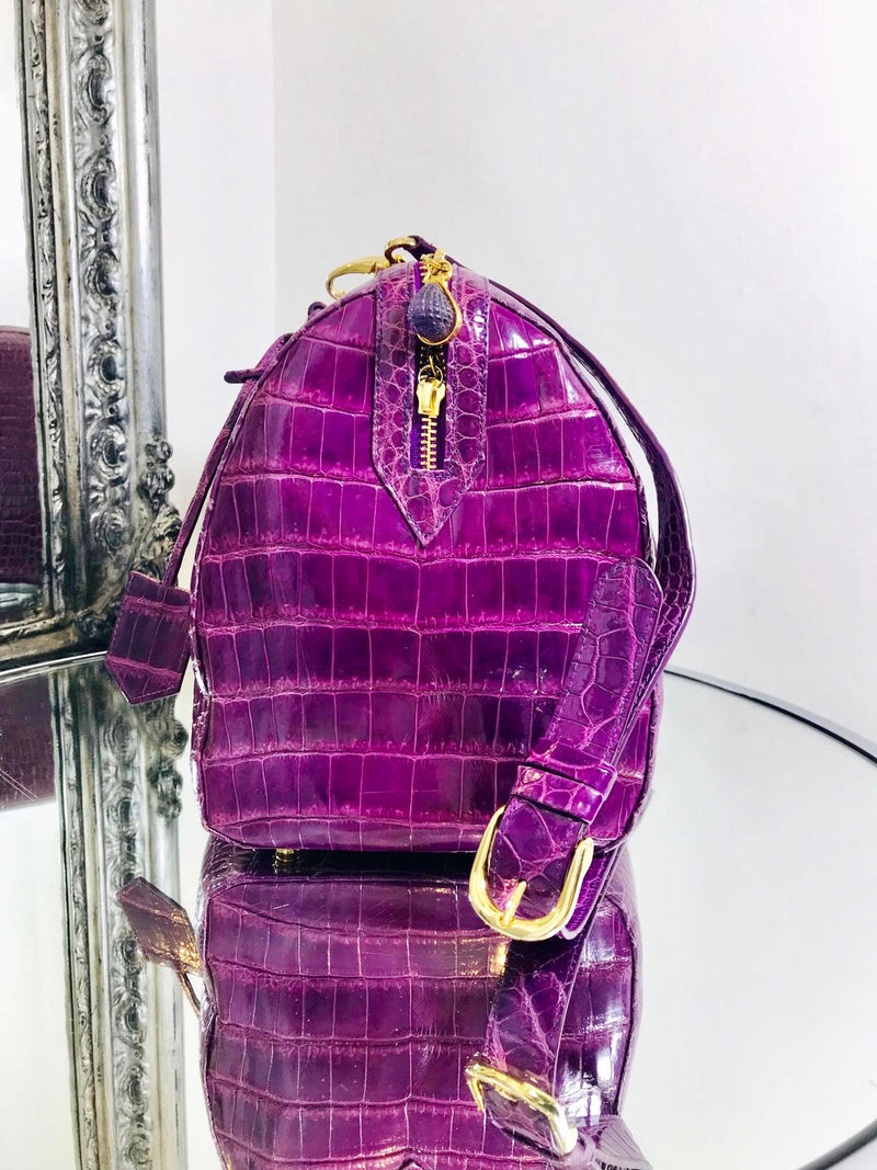 Ethan K Purple Crocodile Skin Bag Gold Hardware Rare Exclusive Harrods Shush At The Wellington St Johns Wood London Buy Sell Consign Preloved Authentic Luxury Designer Ladies Bags 