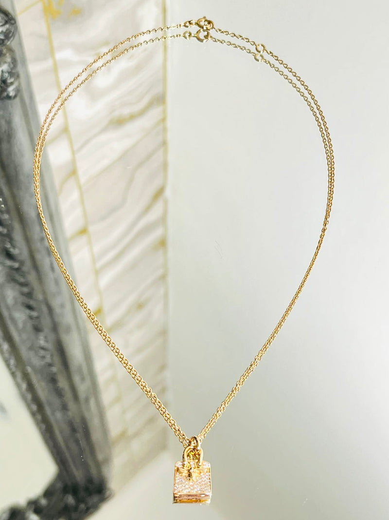 Hermes 18k Rose Gold & Diamond Birkin Amulette Pendant Necklace