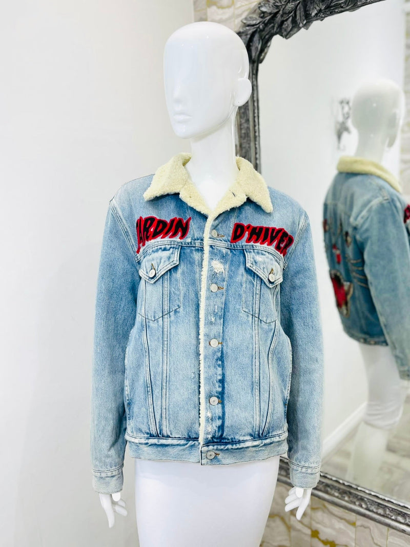 Gucci Crystal Embellished Shearling/Denim Jacket. Size 46IT
