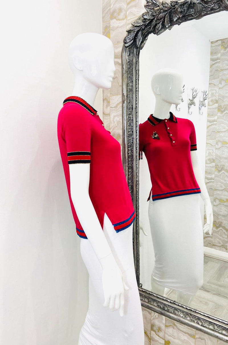 Gucci Wool Polo Top With Crystal Strawberries. Size S