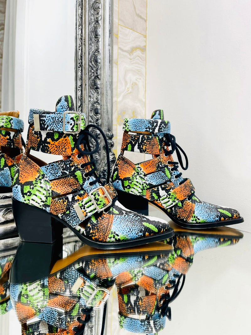 Chloe Leather Snake Print Ankle Boots. Size 38