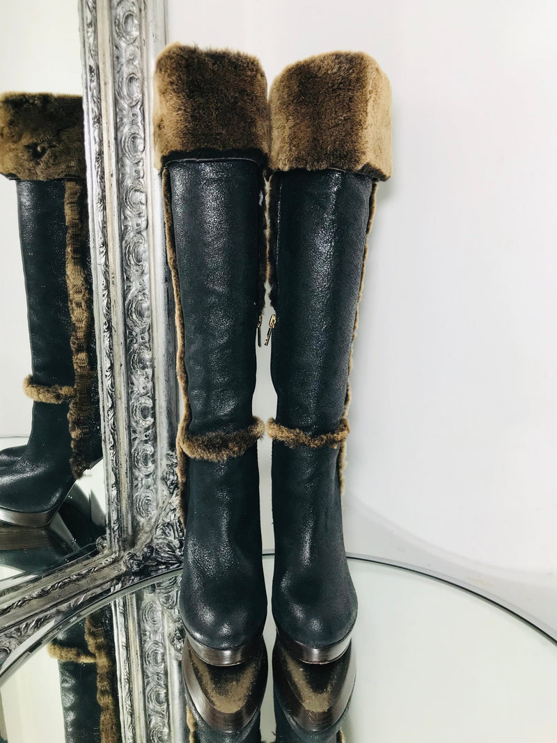 Tory Burch Sebastian Leather Shearling Black Brown Knee High Boots Size 8  Shush London St Johns Wood London Buy Sell Consign Preloved Authentic Luxury Designer Ladies Shoes