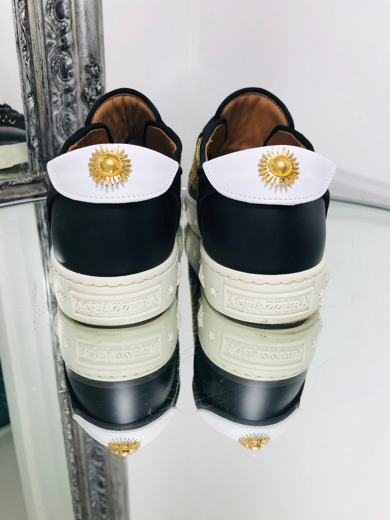 aquazzura sun ray calf leather black sneakers sport shoes fashion sun gold detailing rubber sole platform star white size 38.5 fashion designer brands preloved consignment luxury luxurious lifestyle ladies