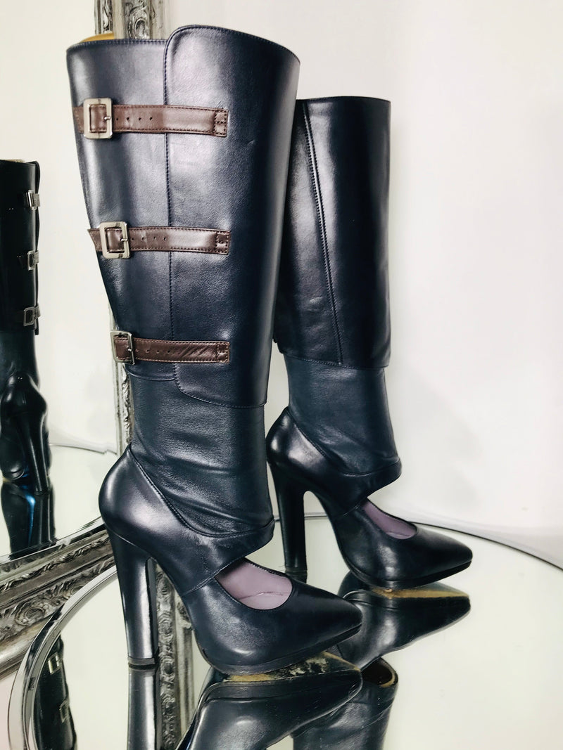 Versace Navy Leather Boots Cut Out Design Size 36 Shush London St Johns Wood London Buy Sell Consign Preloved Authentic Luxury Designer Ladies Shoes