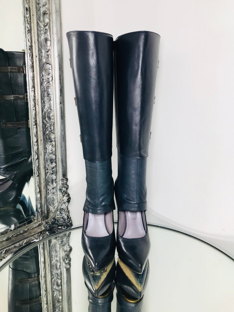 Versace Navy Leather Boots Cut Out Design Size 36 Shush London St Johns Wood London Buy Sell Consign Preloved Authentic Luxury Designer Ladies Shoes