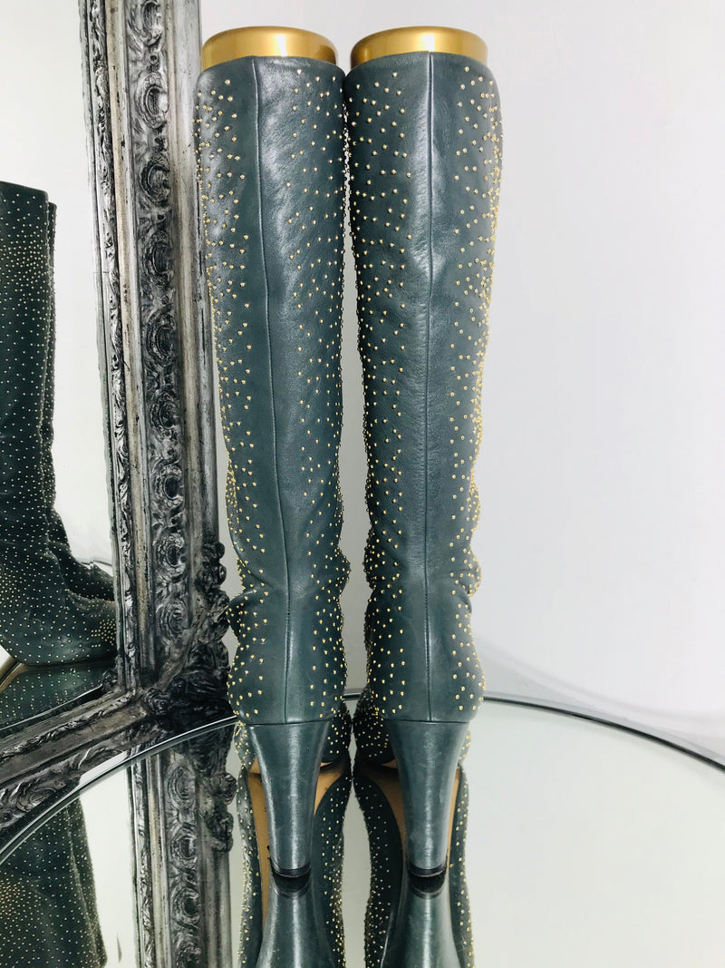 Chloe Tall Leather Gold Stud Boots Size 37 Shush At The Wellington St Johns Wood London Buy Sell Consign Preloved Authentic Luxury Designer Ladies Shoes