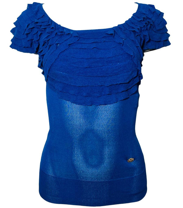 Roberto Cavalli Deep Blue Silk Top Size 38IT Size S Short Sleeves Ruffle Detailing Shush London St Johns wood London Buy Sell Preloved Authentic luxury Designer Ladies Clothing