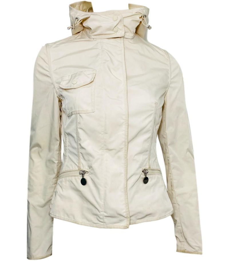 moncler rain hooded jacket peplum back zip snap drawstrings logo patch pockets size 0 xxs xs fashion designer brands preloved preowned luxury luxurious consignment