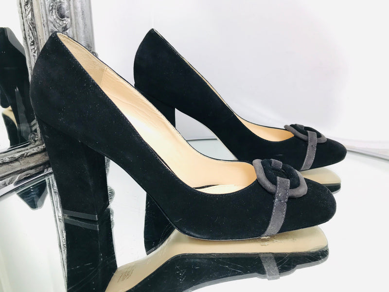 Max Mara Suede Heels Black Grey Detail Front 10CM Heel size 41 Shush At The Wellington St Johns Wood London Buy Sell Consign Preloved Authentic Luxury Designer Ladies Shoes