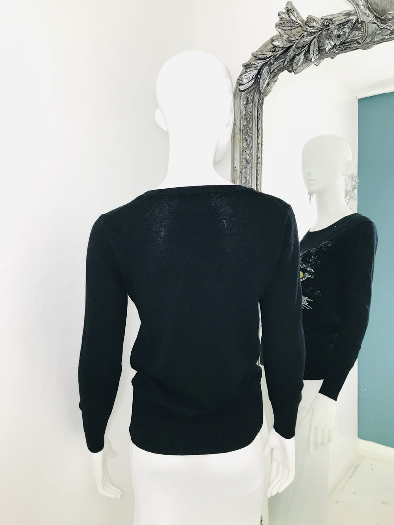 Markus Lupfer Merino Wool Black Jumper Sweater Sequins Cat Long Sleeve Crew Neck Shush At The Wellington St Johns Wood London Buy Sell Consign Preloved Authentic Luxury Designer Ladies Clothing