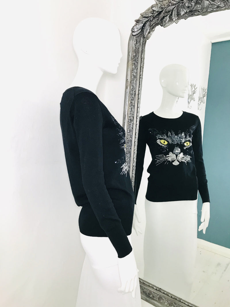 Markus Lupfer Merino Wool Black Jumper Sweater Sequins Cat Long Sleeve Crew Neck Shush At The Wellington St Johns Wood London Buy Sell Consign Preloved Authentic Luxury Designer Ladies Clothing