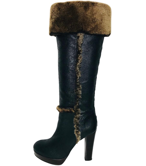 Tory Burch Sebastian Leather Shearling Black Brown Knee High Boots Size 8  Shush London St Johns Wood London Buy Sell Consign Preloved Authentic Luxury Designer Ladies Shoes