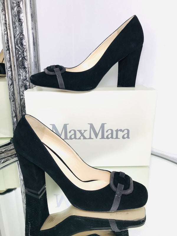 Max Mara Suede Heels Black Grey Detail Front 10CM Heel size 41 Shush At The Wellington St Johns Wood London Buy Sell Consign Preloved Authentic Luxury Designer Ladies Shoes