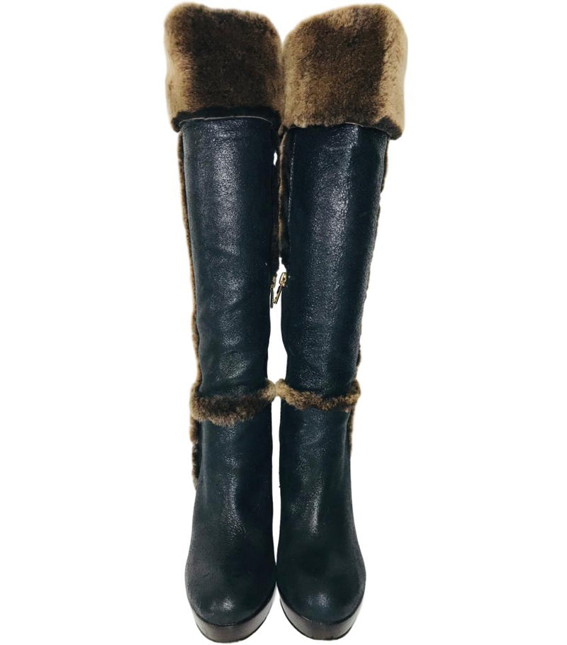 Tory Burch Sebastian Leather Shearling Black Brown Knee High Boots Size 8  Shush London St Johns Wood London Buy Sell Consign Preloved Authentic Luxury Designer Ladies Shoes