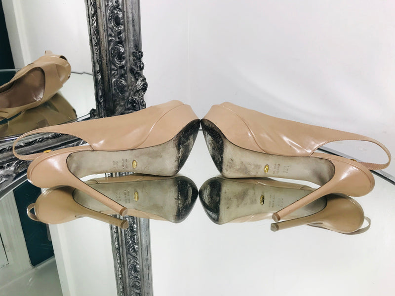 sergio rossi patent leather nude heels pumps peep toe stiletto heel  platform buckle open toe asymmetric vamp size 38.5 size 5.5 uk fashion designer brands preloved preowned luxury brands luxurious party classic stylish heels