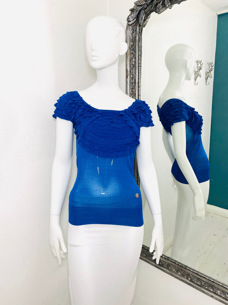Roberto Cavalli Deep Blue Silk Top Size 38IT Size S Short Sleeves Ruffle Detailing Shush London St Johns Wood London Buy Sell Preloved Authentic luxury Designer Ladies Clothing