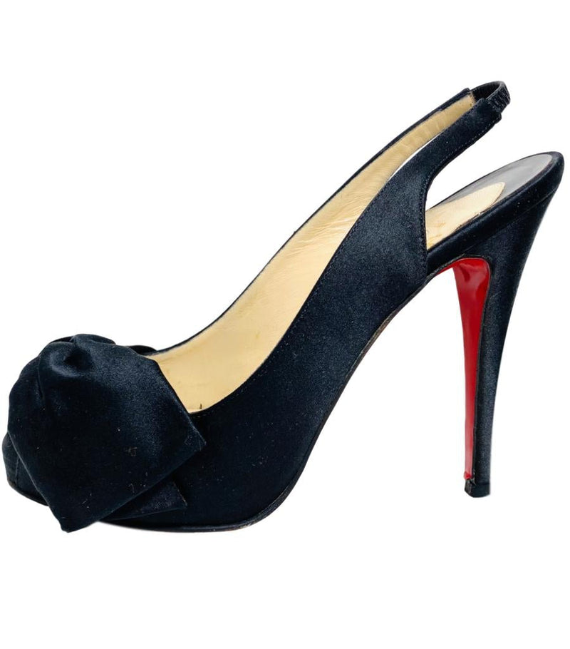christian louboutin vendome 100 satin black sling-back peep toes platform heels pumps stiletto heel red sole oversized large bow front size 37 size 4 uk fashion ladies designer musthave preloved consignment