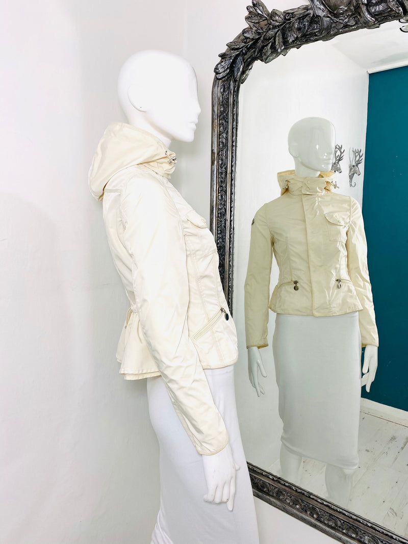moncler rain hooded jacket peplum back zip snap drawstrings logo patch pockets size 0 xxs xs fashion designer brands preloved preowned luxury luxurious consignment