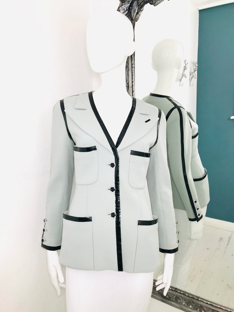 Chanel Boutique Vintage Camellia Flower Buttons Baby Blue Jacket Blazer Size M CC Logo Leather Black Trim Shush London St Johns Wood London Buy Sell Consign Preloved Authentic Luxury Designer Ladies Clothing