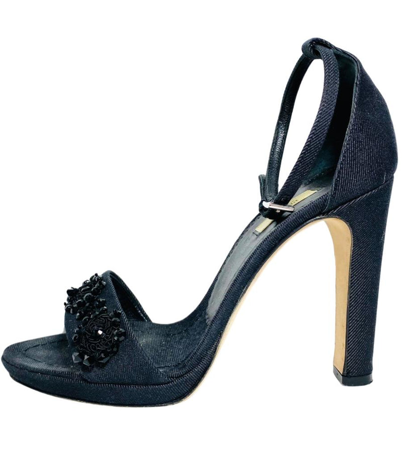Prada Calzature Donna Heels Covered With Denim And Black Crystal Embellishment Size 38 Shush At The Wellington St Johns Wood London Buy Sell Consign Preloved Authentic Luxury Designer Ladies Shoes