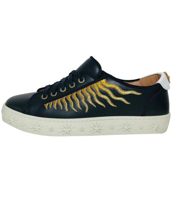 aquazzura sun ray calf leather black sneakers sport shoes fashion sun gold detailing rubber sole platform star white size 38.5 fashion designer brands preloved consignment luxury luxurious lifestyle ladies