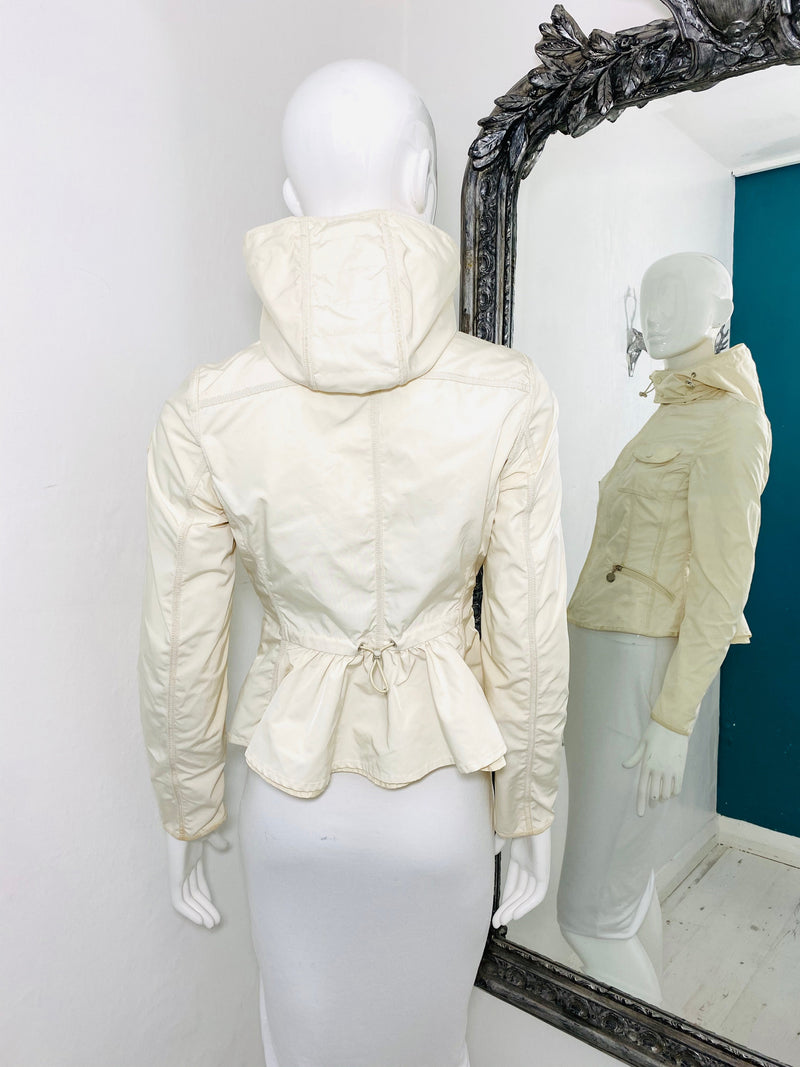 moncler rain hooded jacket peplum back zip snap drawstrings logo patch pockets size 0 xxs xs fashion designer brands preloved preowned luxury luxurious consignment