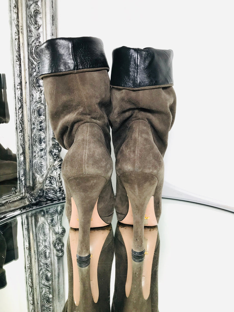 Prada Size 36 Suede Brown Boots Platform Heel Stiletto Ruched Wide Leg Leather Black Trim Shush At The Wellington St Johns Wood London Buy Sell Consign Preloved Authentic Luxury Designer Ladies Shoes