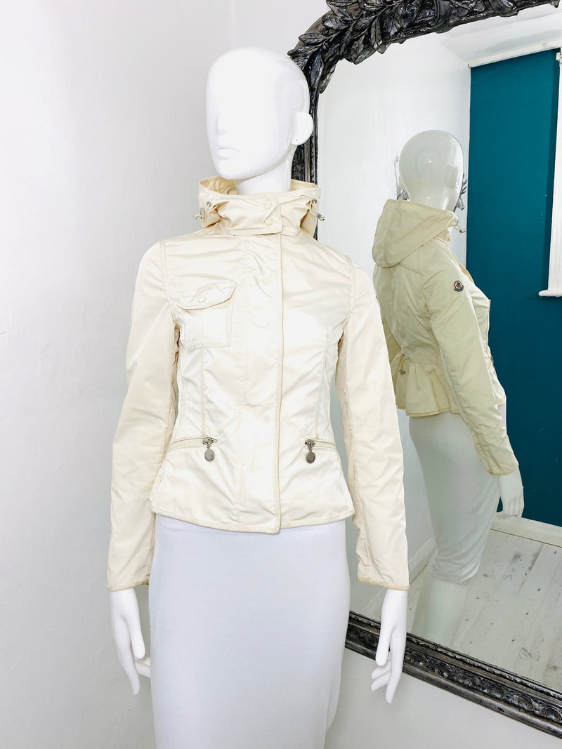 moncler rain hooded jacket peplum back zip snap drawstrings logo patch pockets size 0 xxs xs fashion designer brands preloved preowned luxury luxurious consignment