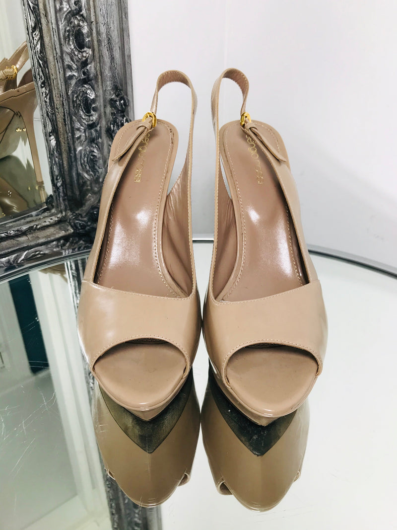 Sergio Rossi Patent Leather Nude Heels Pumps Peep Toe Stiletto Heel Platform Buckle Open Toe Asymmetric Vamp Size 38.5 Size 5.5 UK Shush London St Johns Wood London Buy Sell Consign Preloved Authentic Luxury Designer Ladies Shoes