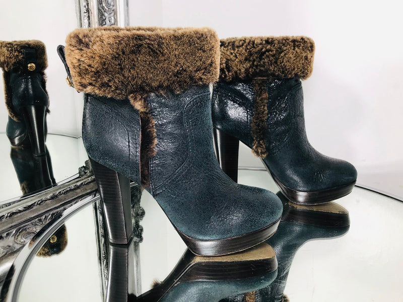 Tory Burch Sebastian Ankle Boots Black Shearling Trim Brown Size 5.5 UK Size 7.5 US Shush London St Johns Wood London Buy Sell Consign Preloved Authentic Luxury Designer Ladies Shoes