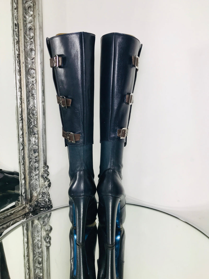 Versace Navy Leather Boots Cut Out Design Size 36 Shush London St Johns Wood London Buy Sell Consign Preloved Authentic Luxury Designer Ladies Shoes