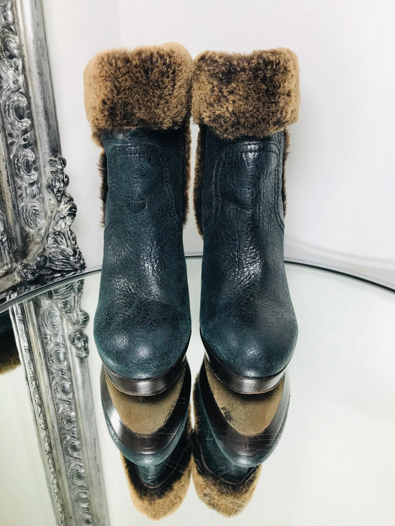 Tory Burch Sebastian Ankle Boots Black Shearling Trim Brown Size 5.5 UK Size 7.5 US Shush London St Johns Wood London Buy Sell Consign Preloved Authentic Luxury Designer Ladies Shoes