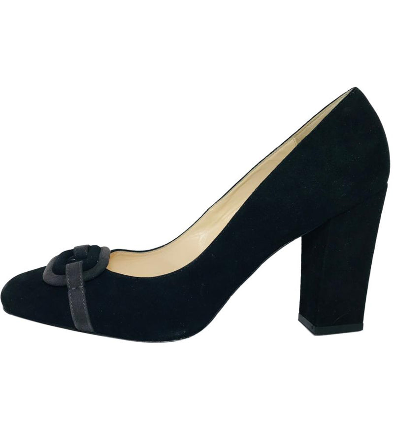 Max Mara Suede Heels Black Grey Detail Front 10CM Heel size 41 Shush At The Wellington St Johns Wood London Buy Sell Consign Preloved Authentic Luxury Designer Ladies Shoes