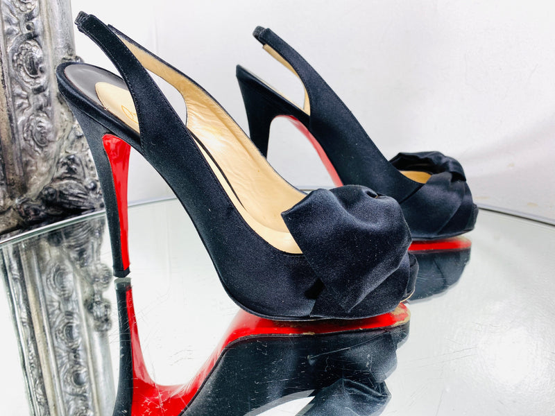 christian louboutin vendome 100 satin black sling-back peep toes platform heels pumps stiletto heel red sole oversized large bow front size 37 size 4 uk fashion ladies designer musthave preloved consignment