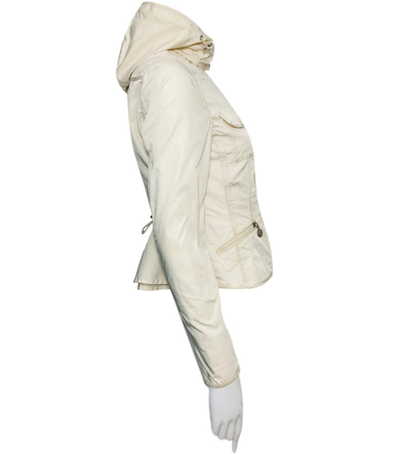 moncler rain hooded jacket peplum back zip snap drawstrings logo patch pockets size 0 xxs xs fashion designer brands preloved preowned luxury luxurious consignment