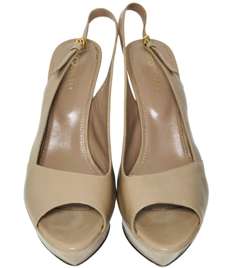 Sergio Rossi Patent Leather Nude Heels Pumps Peep Toe Stiletto Heel Platform Buckle Open Toe Asymmetric Vamp Size 38.5 Size 5.5 UK Shush London St Johns Wood London Buy Sell Consign Preloved Authentic Luxury Designer Ladies Shoes