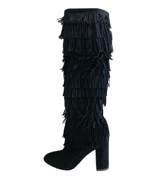 Aquazurra Woodstock Suede Fringe Boots Multiple layers of black suede fringing Shush At The Wellington London