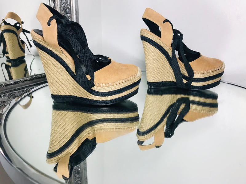 Gucci Wedges Camel Beige Colour Black Tie Details Size 36.5 Never Worn Brand New Shush At The Wellington St Johns Wood London Buy Sell Consign Preloved Authentic Luxury Designer Ladies Shoes