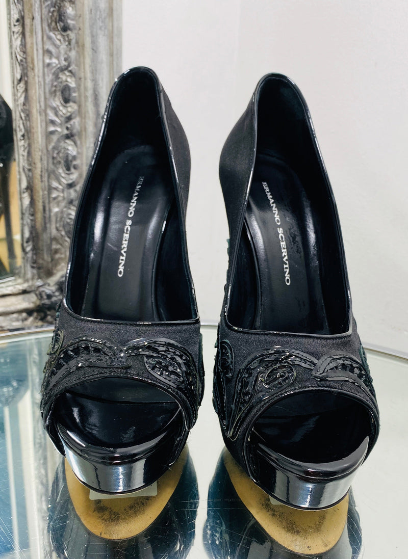 ermanno scervino peep toe heels size 37 black satin ladies luxury item preloved consignment boutique london