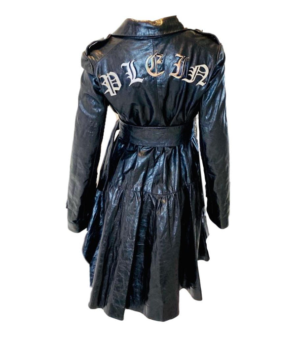 Philipp Plein Ltd Edition Logo Leather Trench Coat.  Fit & flare style with leather tie belt. Large silver metal lettering to the back  of the coat 'PLEIN'. Crystal Buttons.