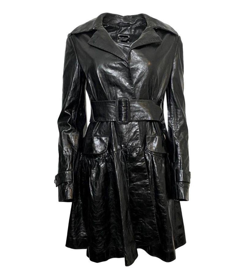 Philipp Plein Ltd Edition Logo Leather Trench Coat.  Fit & flare style with leather tie belt. Large silver lettering to the back  of the coat 'PLEIN'. Crystal Buttons Shush At The Wellington London