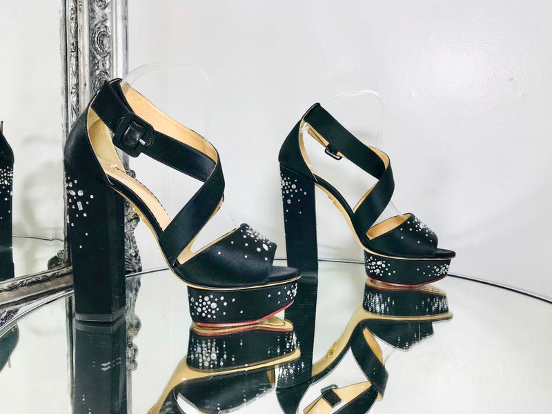 Charlotte Olympia "Enda" Platform Heels Black Satin Silk Rhinestone Crystal Details Size 39 Shush At The Wellington St Johns Wood London Buy Sell Consign Preloved Authentic Luxury Designer Ladies Shoes