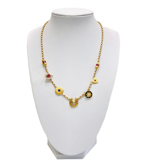 Vintage- Victorian Multi Charm Necklace 15ct Gold With Rubies, Sapphires & Pearls