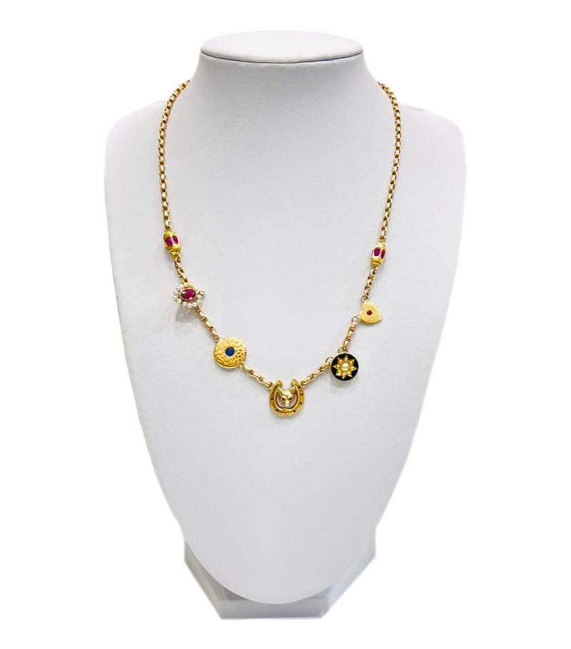 Vintage- Victorian Multi Charm Necklace 15ct Gold With Rubies, Sapphires & Pearls
