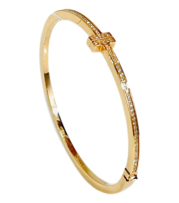 Tiffany & Co 18k Rose Gold & Diamond 'T' Hinged Bangle