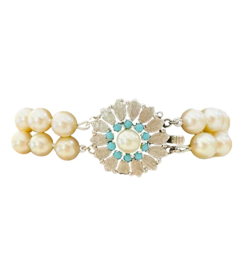18k White Gold, Fresh Water Pearl & Turquoise Bracelet