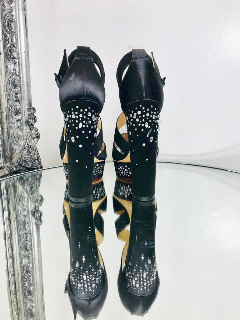 Charlotte Olympia "Enda" Platform Heels Black Satin Silk Rhinestone Crystal Details Size 39 Shush At The Wellington St Johns Wood London Buy Sell Consign Preloved Authentic Luxury Designer Ladies Shoes