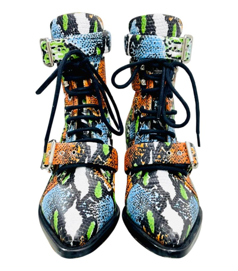 Chloe Leather Snake Print Ankle Boots. Size 38