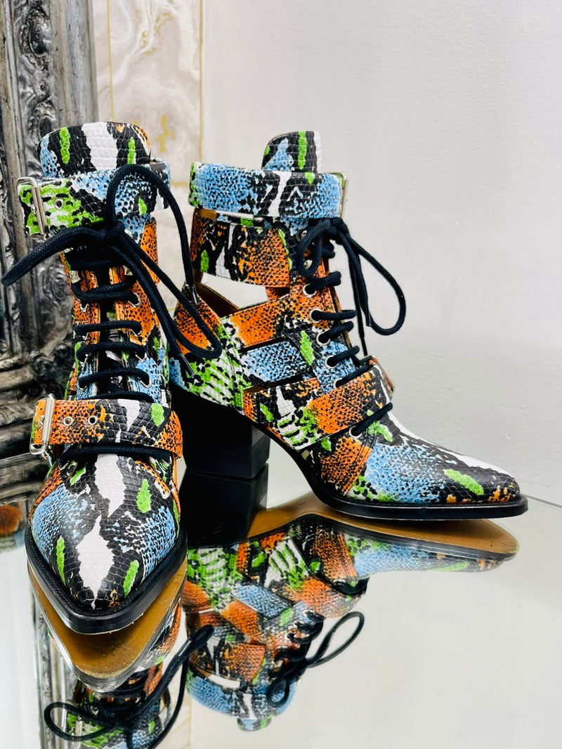Chloe Leather Snake Print Ankle Boots. Size 38